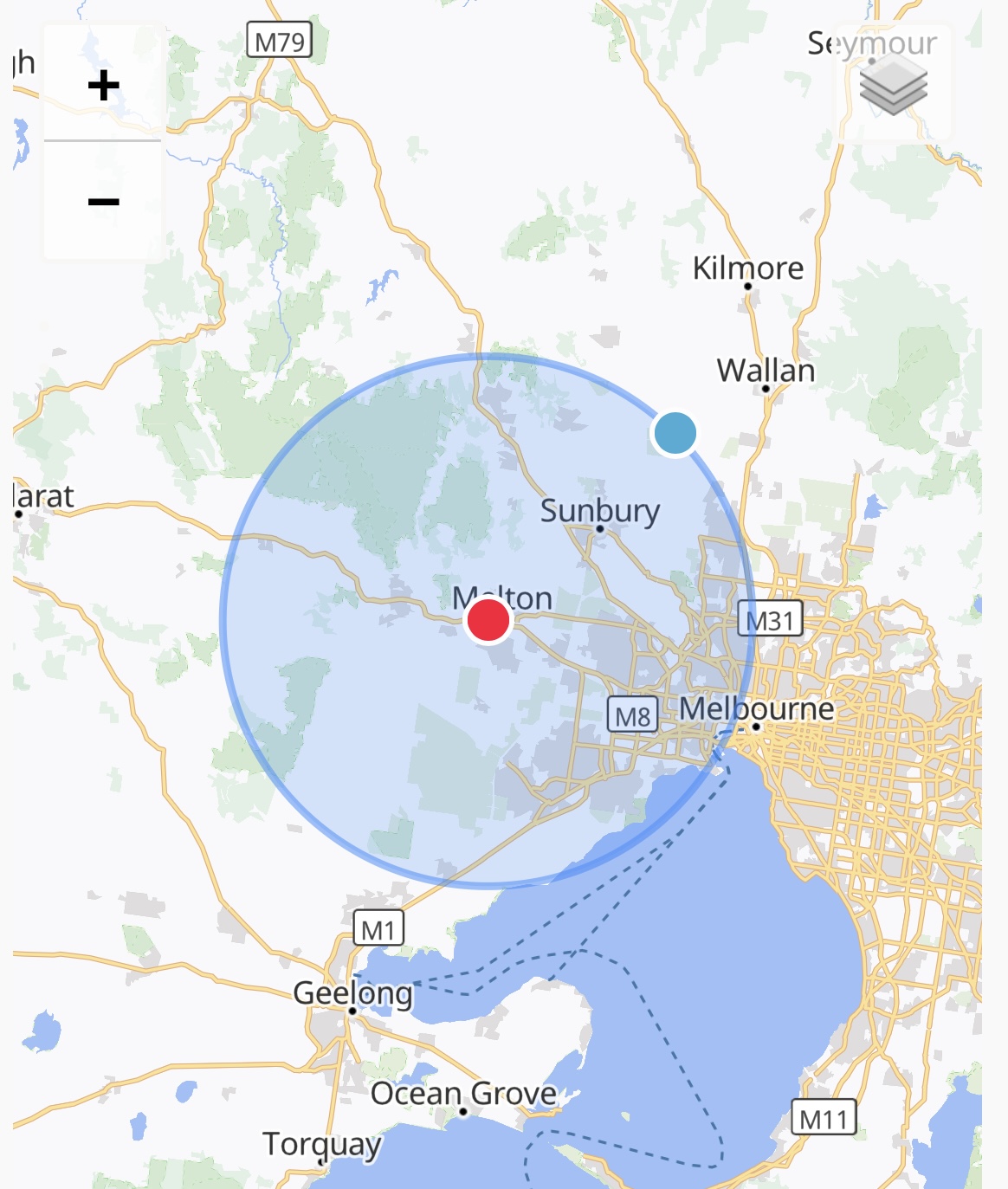 Hi Fly Gaming Bus service area map โ 35km radius from Brookfield